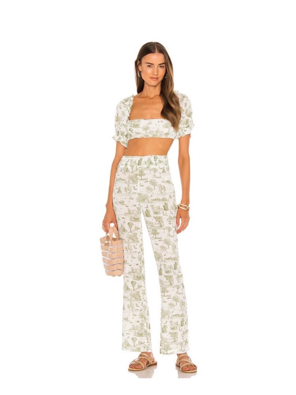 WeWoreWhat Cream and Sage Printed Wide-Leg Pants